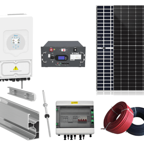 Kit Sistem Fotovoltaic Monofazat 8kw Cu Stocare, Invertor Hibrid Deye, 18 Panouri Fotovoltaice, Baterie LiFePo4 V-tac 9.6kw